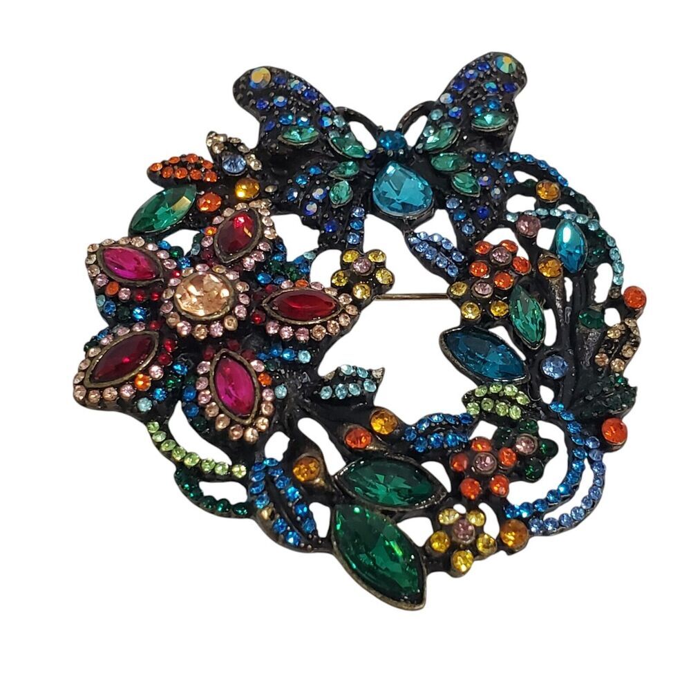 Colorful Rhinestone Flower Butterfly Brooch Pin 2" circle party